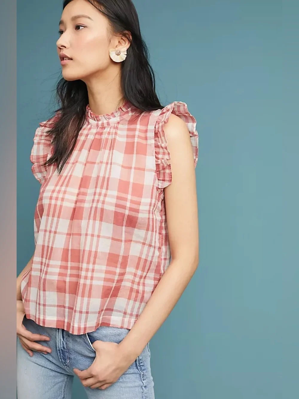 Anthropologie Isabella Sinclair Plaid Red Sheer Cotton Ruffle-Sleeve Top Sz M